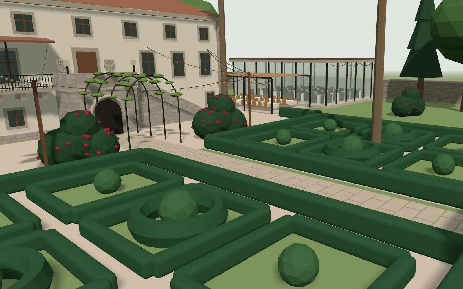 Parterres de boj, palmeras y camelias del jardín en la maqueta